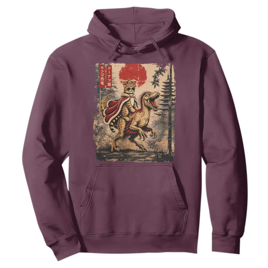 Cat Princess Riding Raptor Dinosaur Hoodie Japanese Vintage Graphic Ukiyoe Art TS11 Maroon Print Your Wear