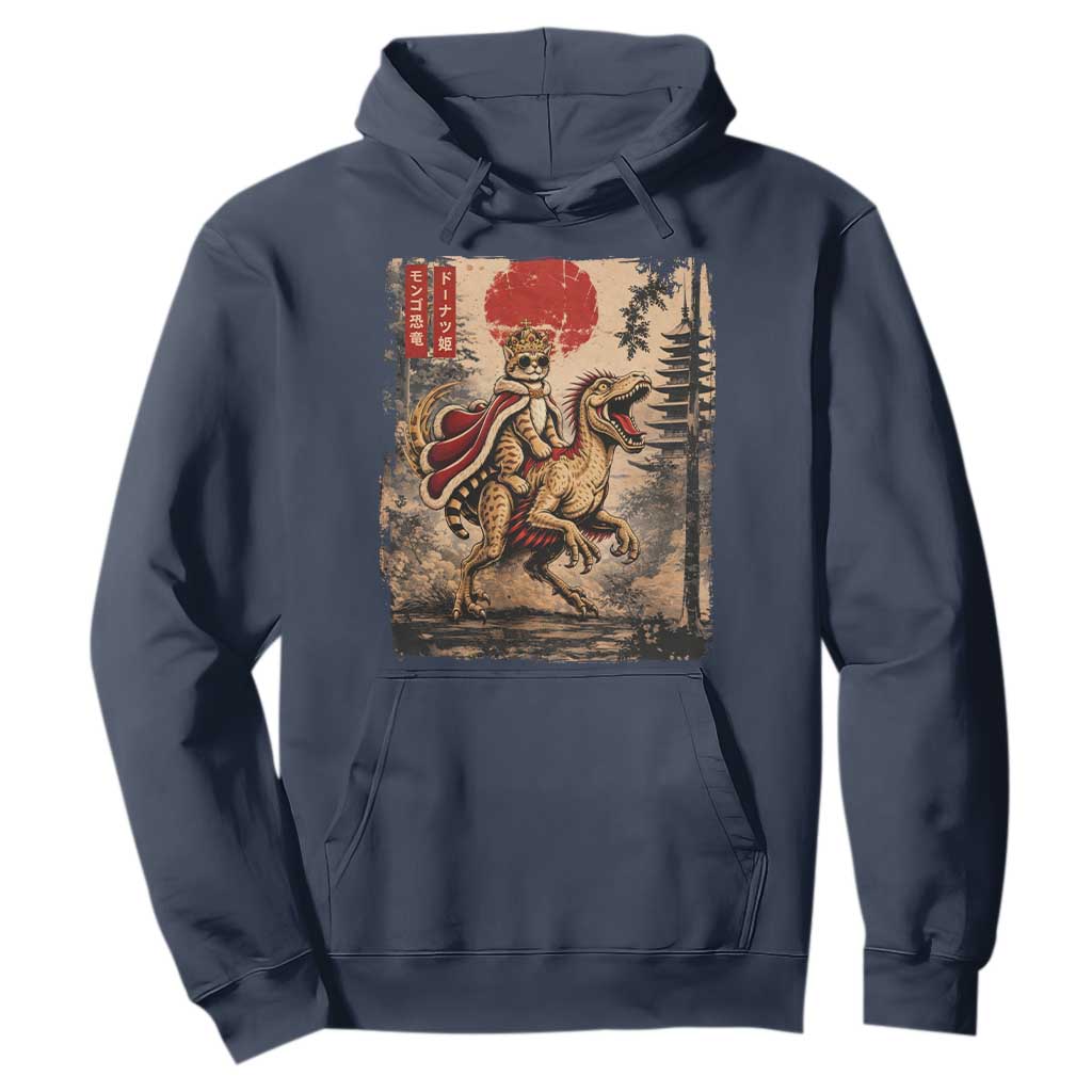 Cat Princess Riding Raptor Dinosaur Hoodie Japanese Vintage Graphic Ukiyoe Art TS11 Navy Print Your Wear