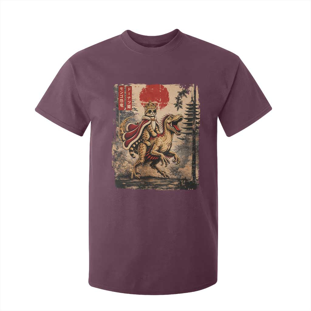 Cat Princess Riding Raptor Dinosaur T Shirt For Kid Japanese Vintage Graphic Ukiyoe Art TS11 Maroon Print Your Wear