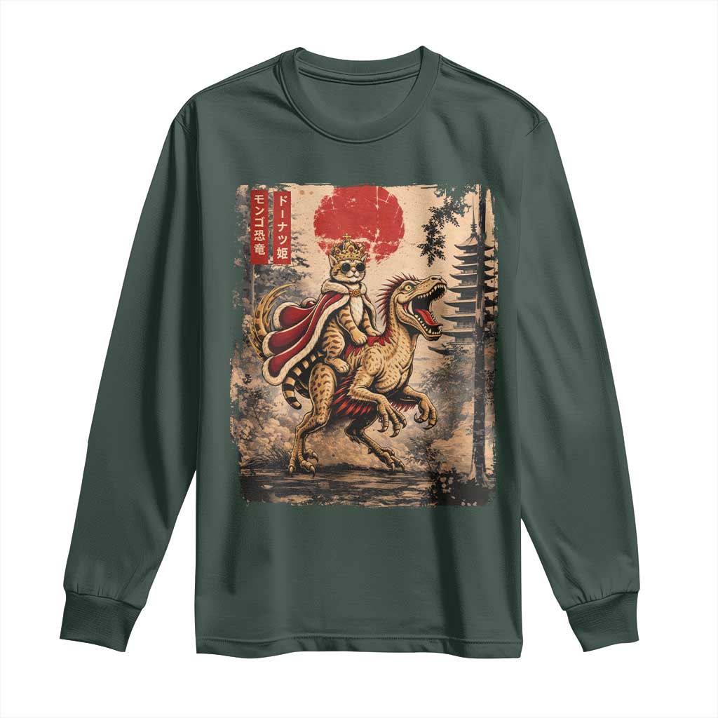 Cat Princess Riding Raptor Dinosaur Long Sleeve Shirt Japanese Vintage Graphic Ukiyoe Art TS11 Dark Forest Green Print Your Wear