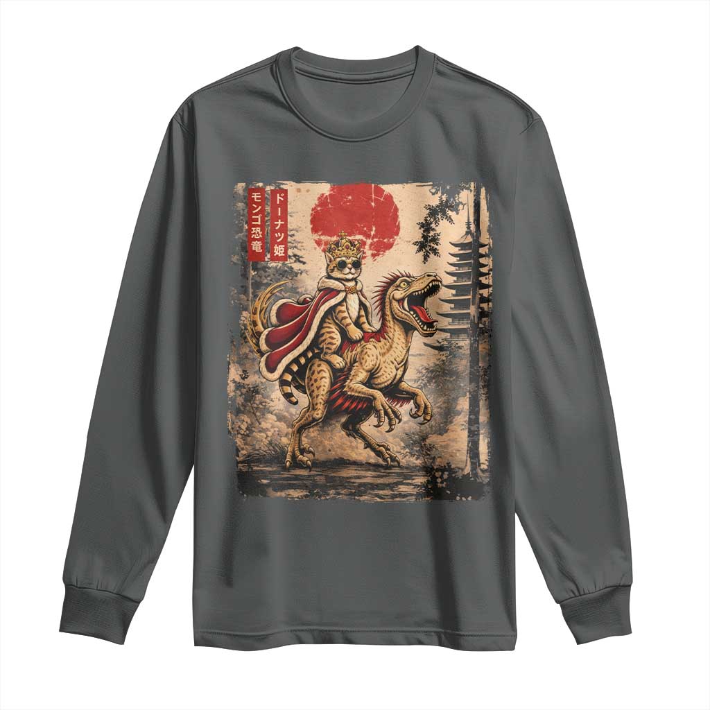 Cat Princess Riding Raptor Dinosaur Long Sleeve Shirt Japanese Vintage Graphic Ukiyoe Art TS11 Dark Heather Print Your Wear