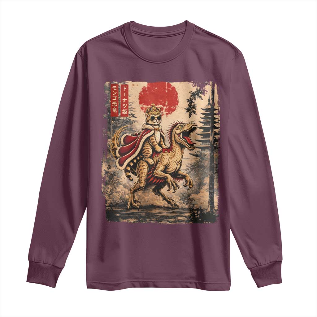 Cat Princess Riding Raptor Dinosaur Long Sleeve Shirt Japanese Vintage Graphic Ukiyoe Art TS11 Maroon Print Your Wear