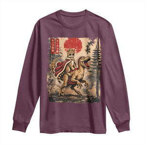 Cat Princess Riding Raptor Dinosaur Long Sleeve Shirt Japanese Vintage Graphic Ukiyoe Art TS11 Maroon Print Your Wear