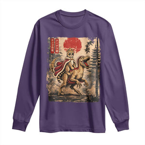 Cat Princess Riding Raptor Dinosaur Long Sleeve Shirt Japanese Vintage Graphic Ukiyoe Art TS11 Purple Print Your Wear