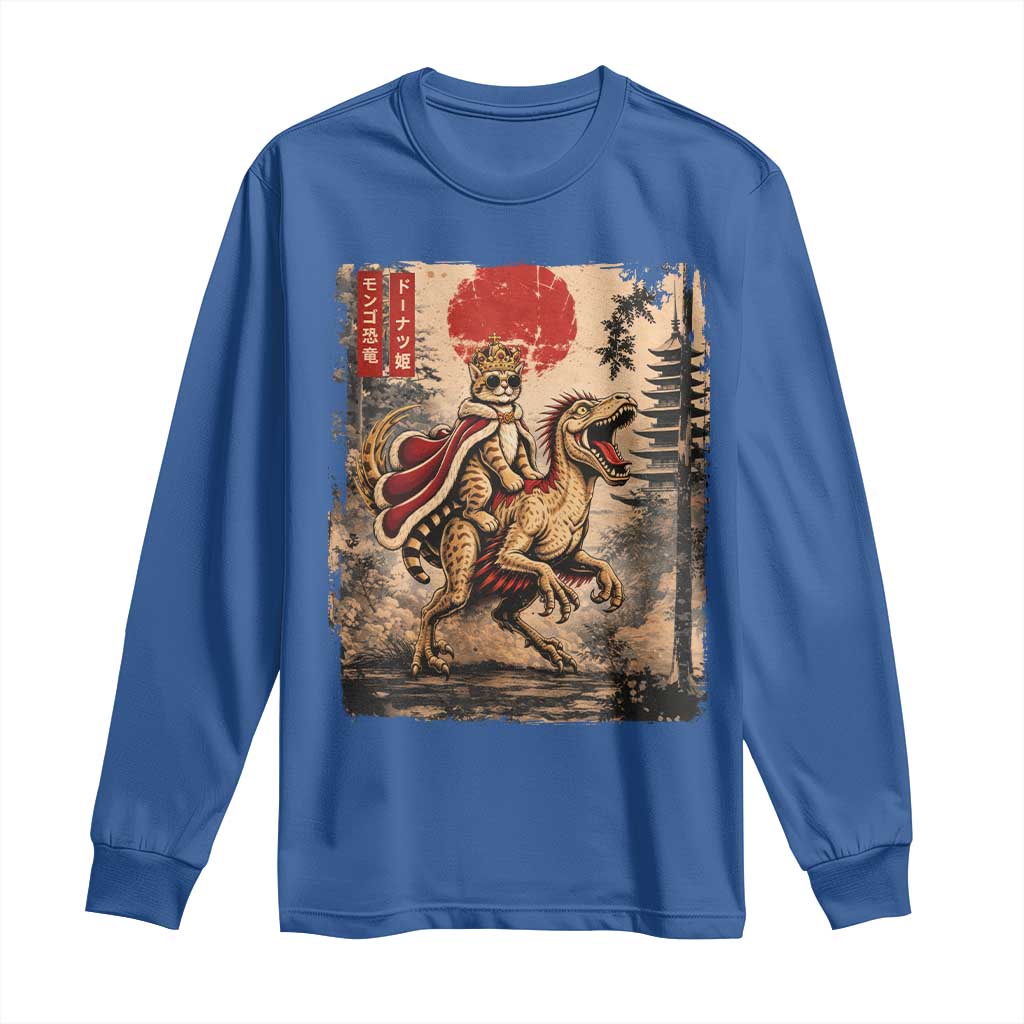 Cat Princess Riding Raptor Dinosaur Long Sleeve Shirt Japanese Vintage Graphic Ukiyoe Art TS11 Royal Blue Print Your Wear