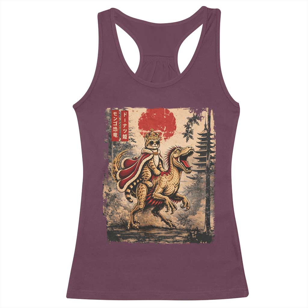 Cat Princess Riding Raptor Dinosaur Racerback Tank Top Japanese Vintage Graphic Ukiyoe Art TS11 Maroon Print Your Wear