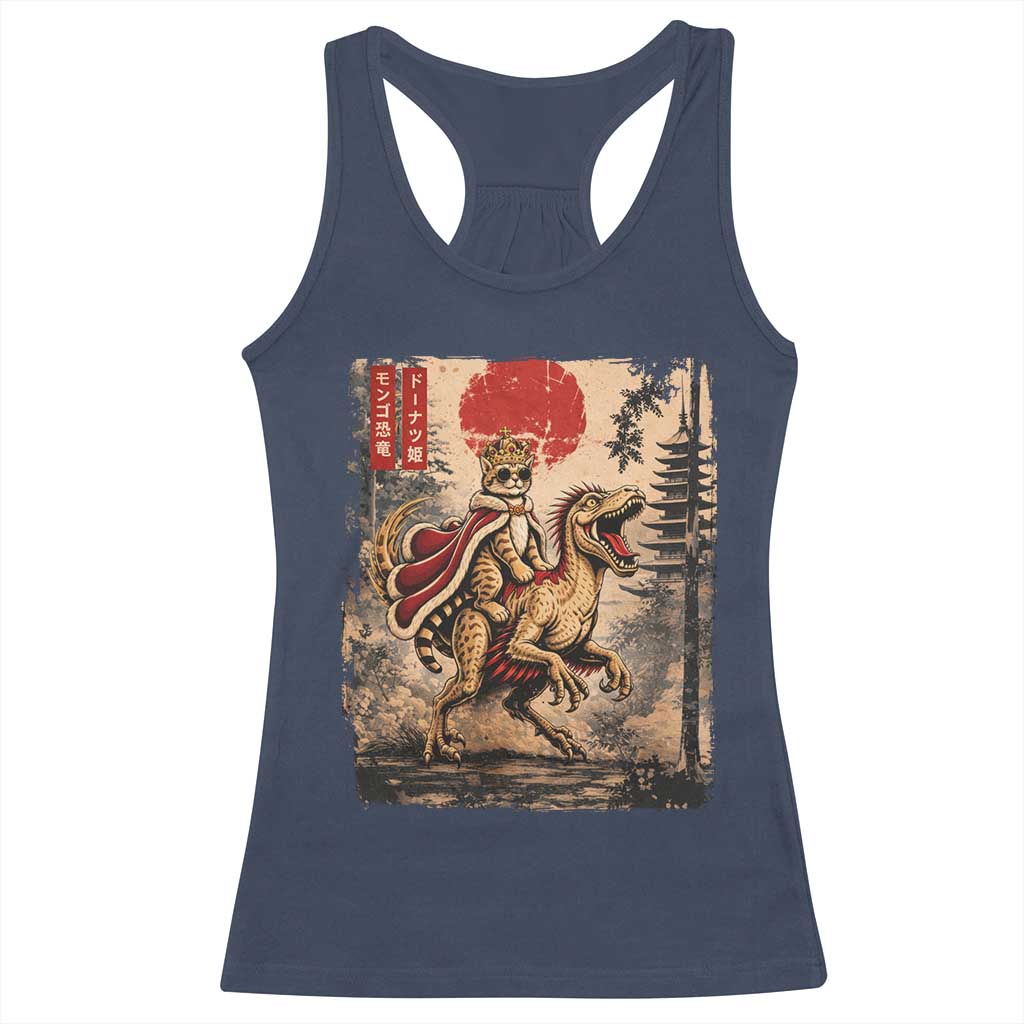 Cat Princess Riding Raptor Dinosaur Racerback Tank Top Japanese Vintage Graphic Ukiyoe Art TS11 Navy Print Your Wear