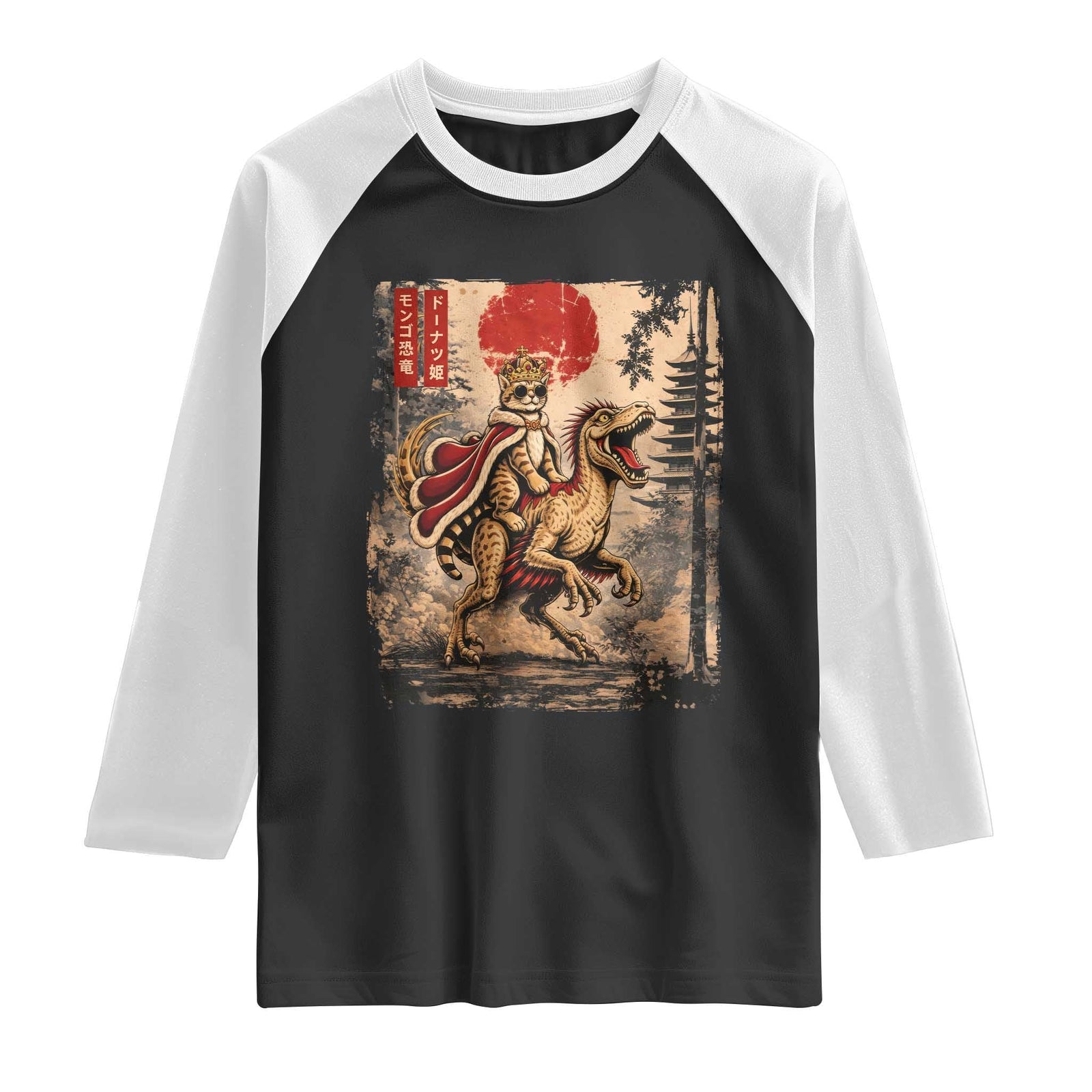 Cat Princess Riding Raptor Dinosaur Raglan Shirt Japanese Vintage Graphic Ukiyoe Art TS11 Black White Print Your Wear