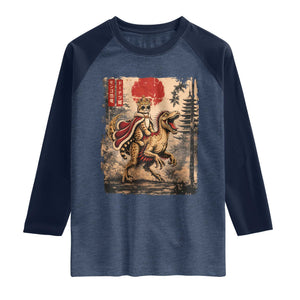 Cat Princess Riding Raptor Dinosaur Raglan Shirt Japanese Vintage Graphic Ukiyoe Art TS11 Heather Denim Navy Print Your Wear