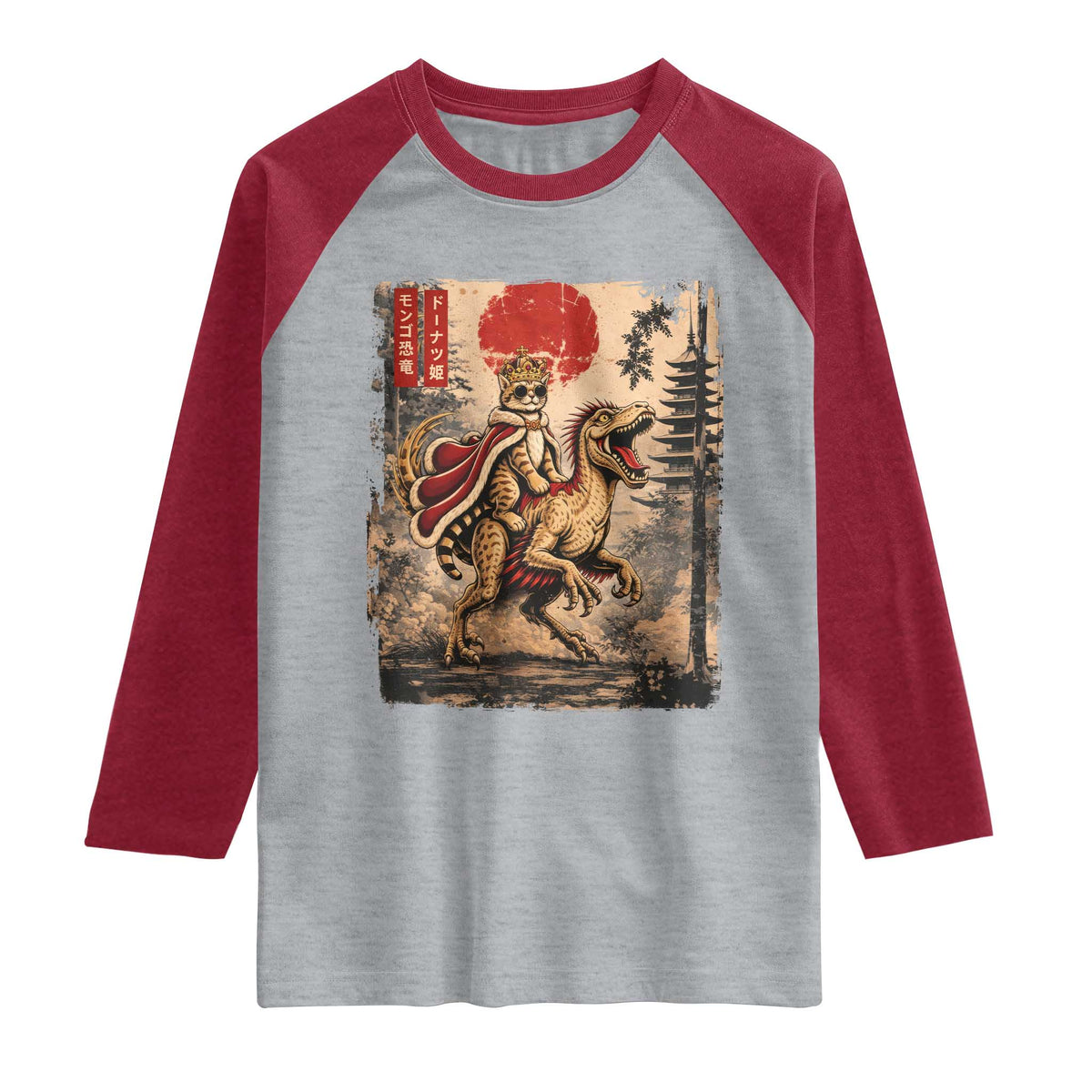 Cat Princess Riding Raptor Dinosaur Raglan Shirt Japanese Vintage Graphic Ukiyoe Art TS11 Heather Gray Heather Red Print Your Wear