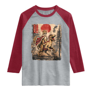 Cat Princess Riding Raptor Dinosaur Raglan Shirt Japanese Vintage Graphic Ukiyoe Art TS11 Heather Gray Heather Red Print Your Wear