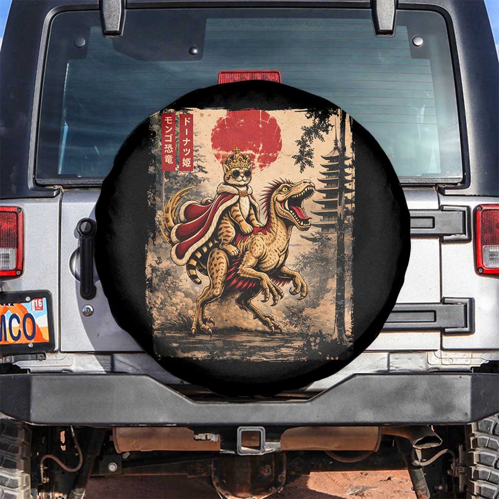 Cat Princess Riding Raptor Dinosaur Spare Tire Cover Japanese Vintage Graphic Ukiyoe Art TS11 No hole Black Print Your Wear