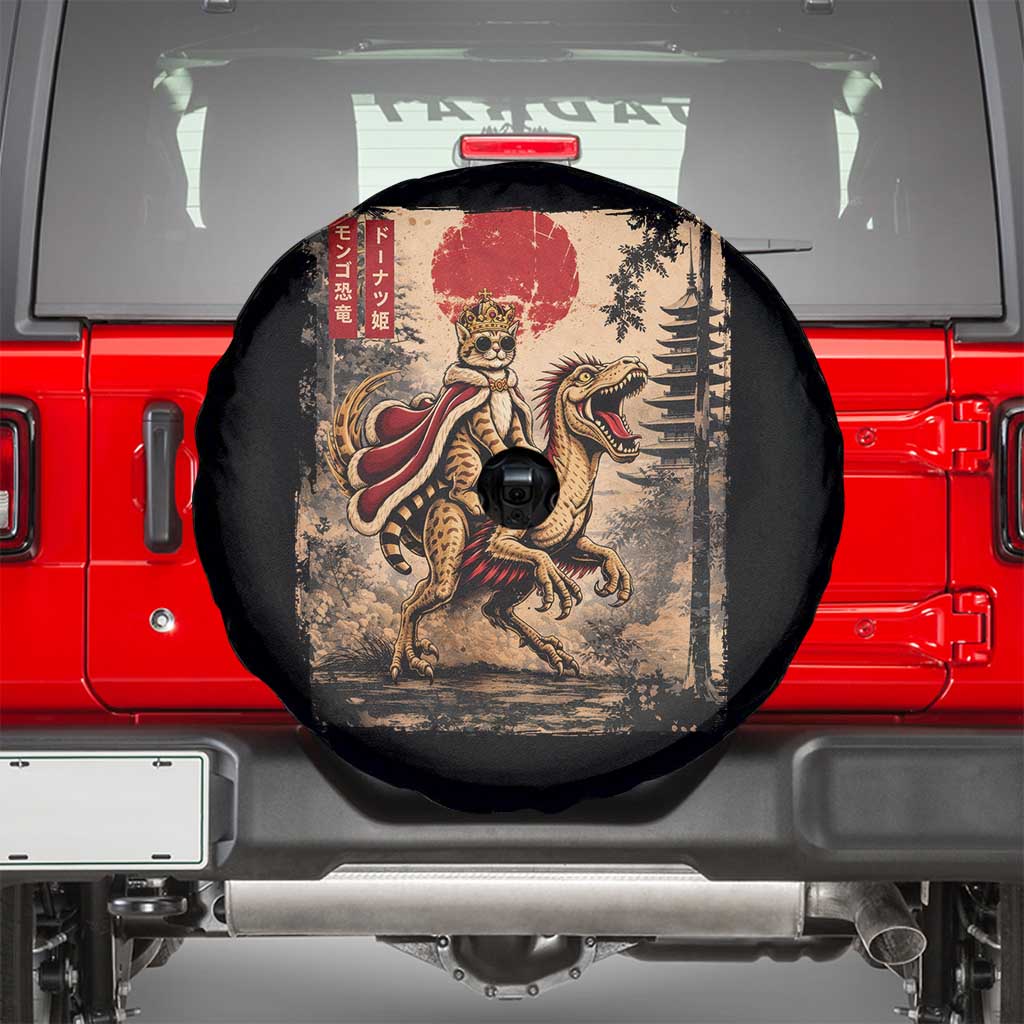 Cat Princess Riding Raptor Dinosaur Spare Tire Cover Japanese Vintage Graphic Ukiyoe Art TS11 Black Print Your Wear