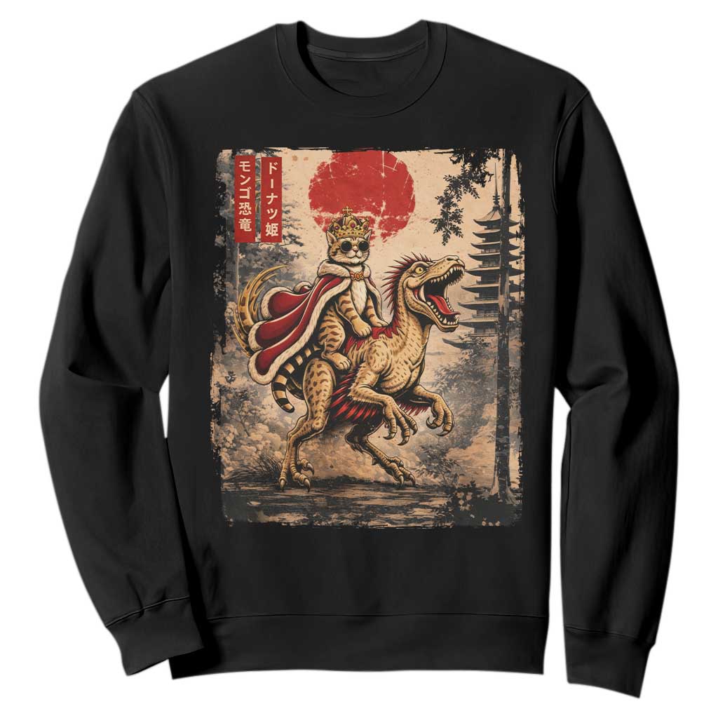 Cat Princess Riding Raptor Dinosaur Sweatshirt Japanese Vintage Graphic Ukiyoe Art TS11 Black Print Your Wear
