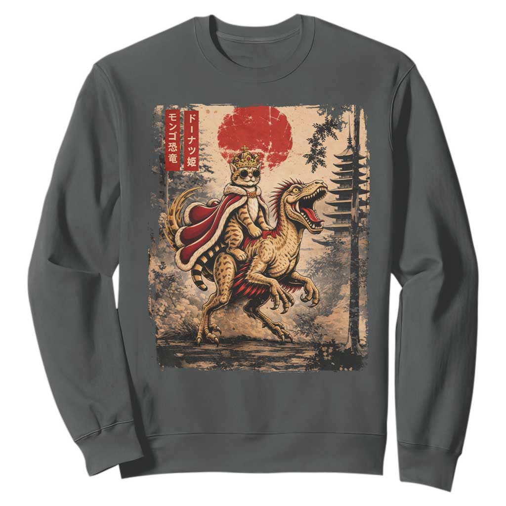Cat Princess Riding Raptor Dinosaur Sweatshirt Japanese Vintage Graphic Ukiyoe Art TS11 Dark Heather Print Your Wear