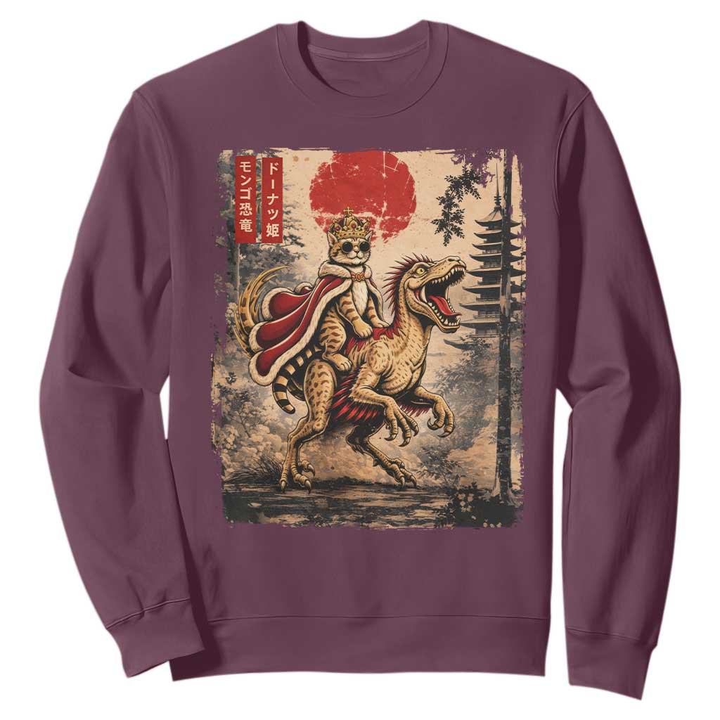 Cat Princess Riding Raptor Dinosaur Sweatshirt Japanese Vintage Graphic Ukiyoe Art TS11 Maroon Print Your Wear