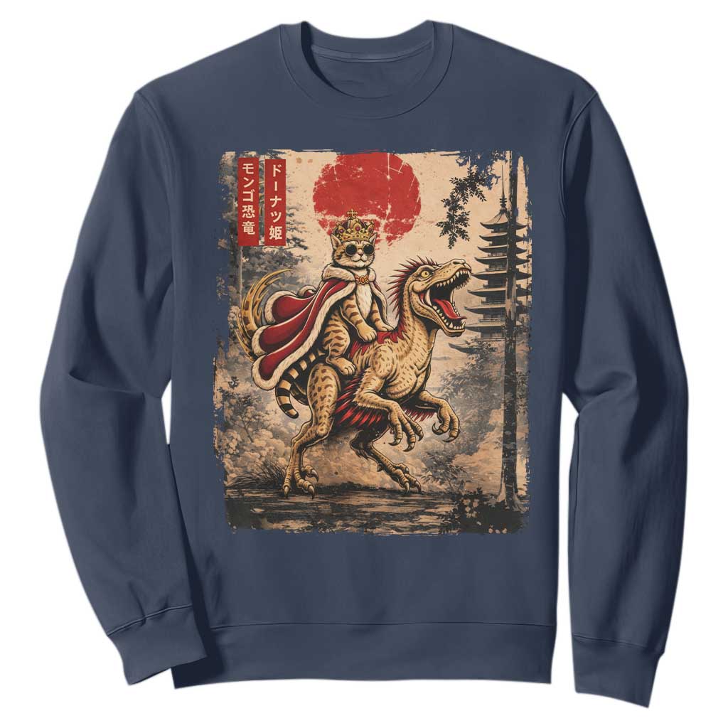 Cat Princess Riding Raptor Dinosaur Sweatshirt Japanese Vintage Graphic Ukiyoe Art TS11 Navy Print Your Wear