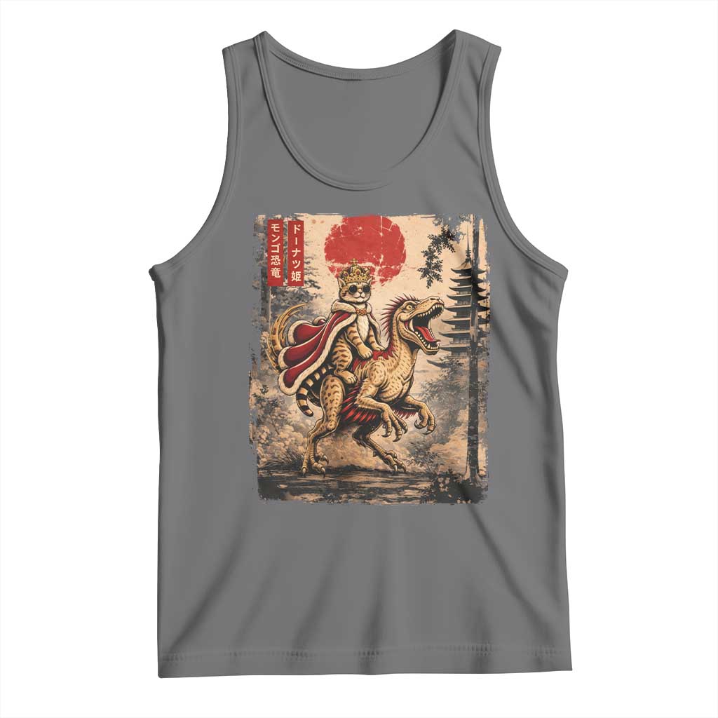 Cat Princess Riding Raptor Dinosaur Tank Top Japanese Vintage Graphic Ukiyoe Art TS11 Black Heather Print Your Wear