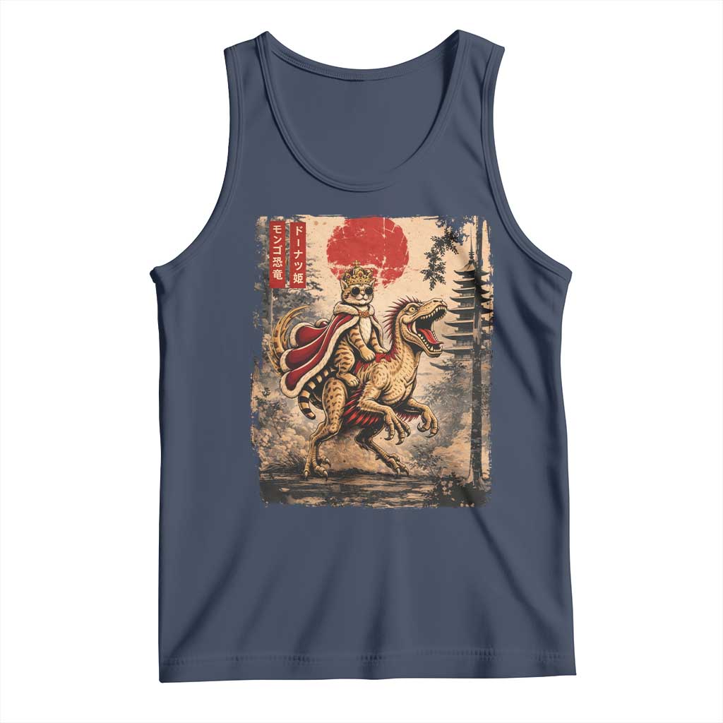 Cat Princess Riding Raptor Dinosaur Tank Top Japanese Vintage Graphic Ukiyoe Art TS11 Navy Print Your Wear