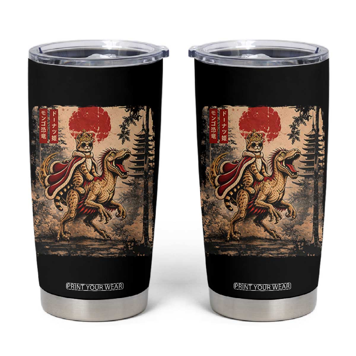 Cat Princess Riding Raptor Dinosaur Tumbler Cup Japanese Vintage Graphic Ukiyoe Art TS11 Black Print Your Wear