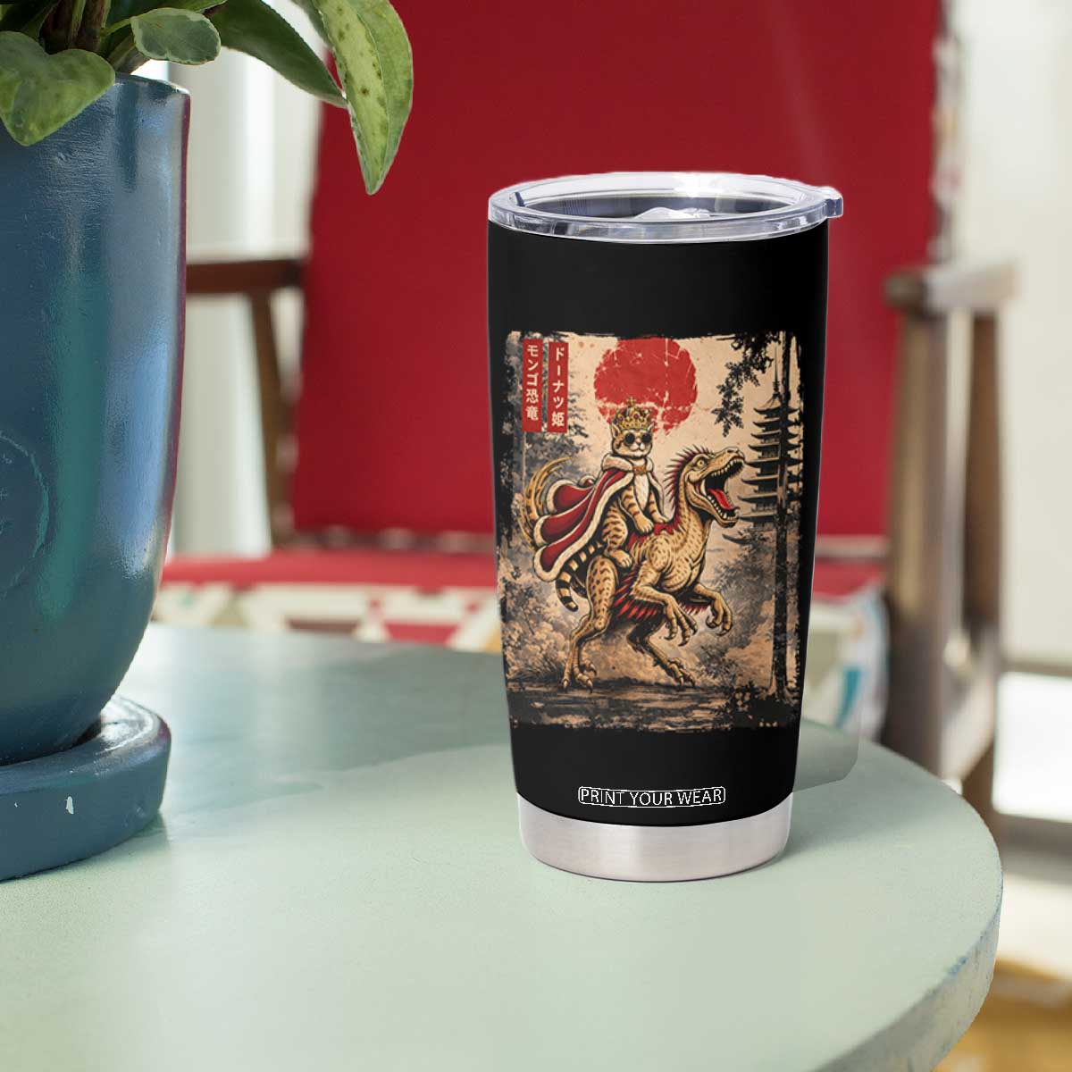 Cat Princess Riding Raptor Dinosaur Tumbler Cup Japanese Vintage Graphic Ukiyoe Art TS11 Print Your Wear