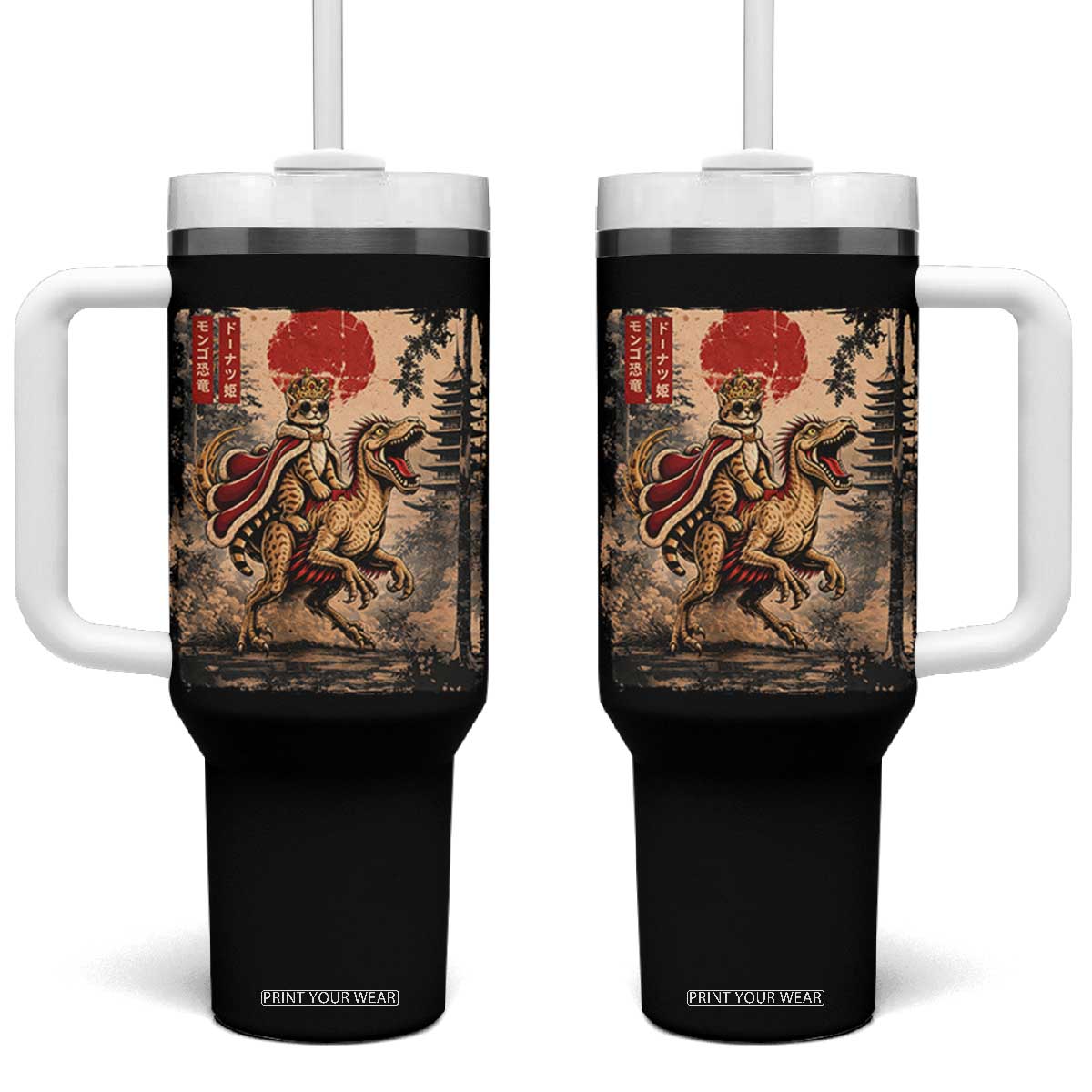 Cat Princess Riding Raptor Dinosaur Tumbler With Handle Japanese Vintage Graphic Ukiyoe Art TS11 One Size: 40 oz Black Print Your Wear