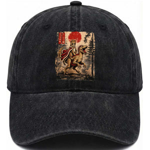 Cat Princess Riding Raptor Dinosaur Washed Cotton Baseball Cap Japanese Vintage Graphic Ukiyoe Art TS11 Print Your Wear