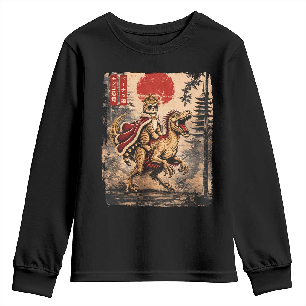 Cat Princess Riding Raptor Dinosaur Youth Sweatshirt Japanese Vintage Graphic Ukiyoe Art TS11 Black Print Your Wear