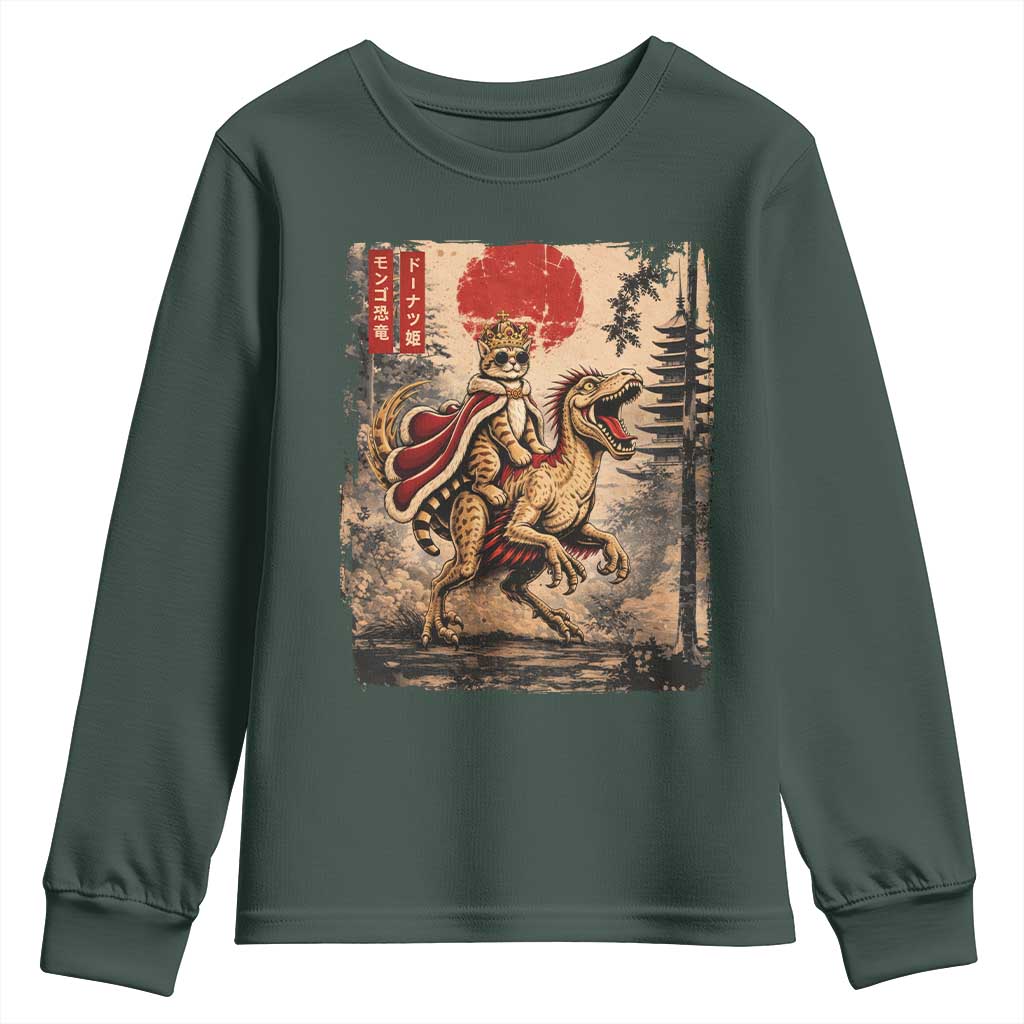 Cat Princess Riding Raptor Dinosaur Youth Sweatshirt Japanese Vintage Graphic Ukiyoe Art TS11 Dark Forest Green Print Your Wear