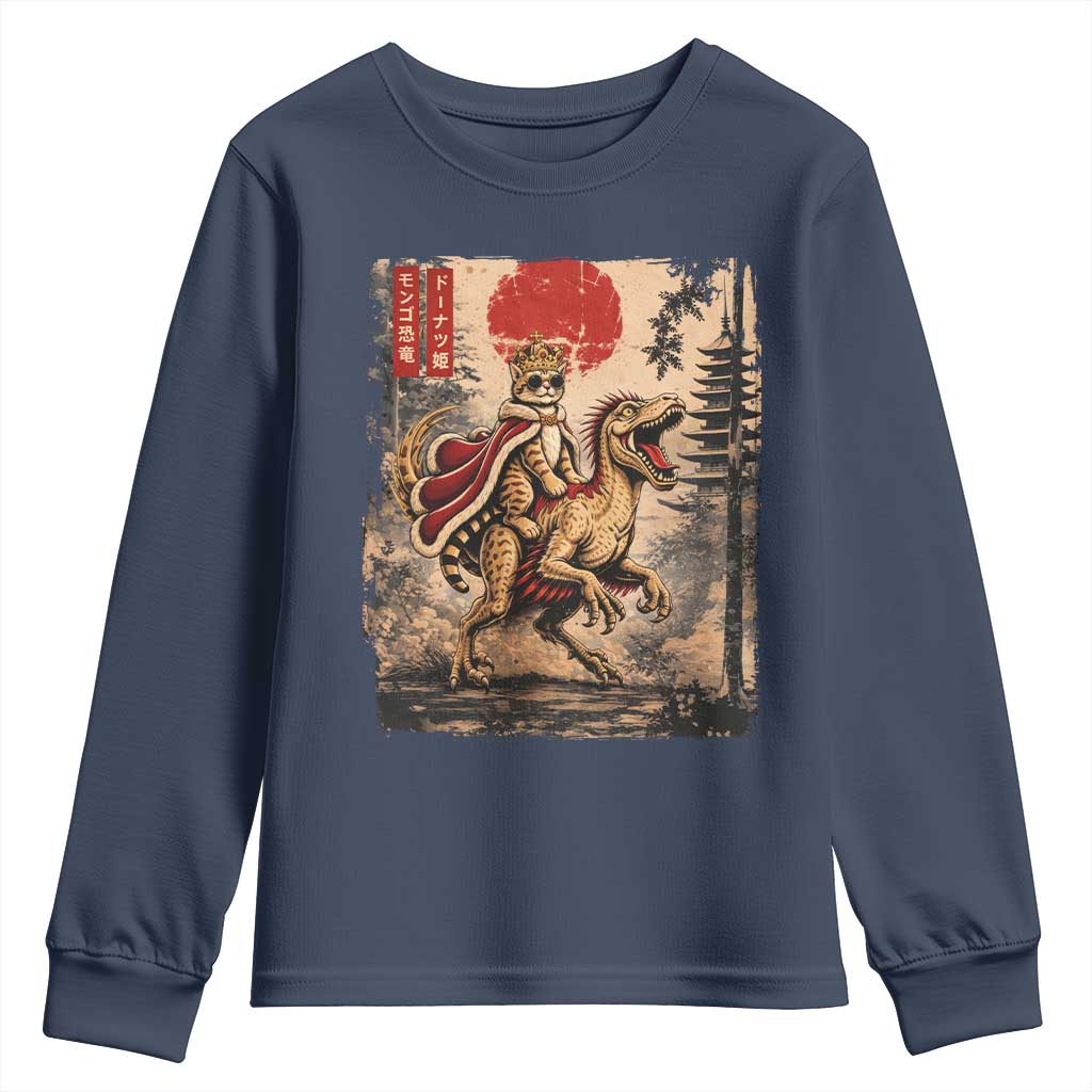 Cat Princess Riding Raptor Dinosaur Youth Sweatshirt Japanese Vintage Graphic Ukiyoe Art TS11 Navy Print Your Wear