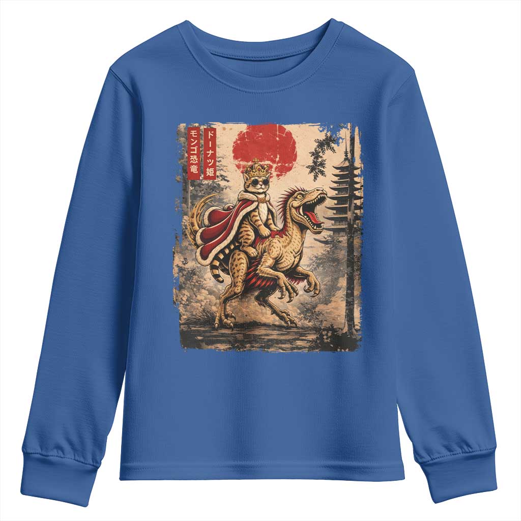 Cat Princess Riding Raptor Dinosaur Youth Sweatshirt Japanese Vintage Graphic Ukiyoe Art TS11 Royal Blue Print Your Wear