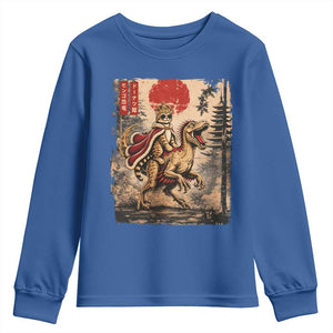 Cat Princess Riding Raptor Dinosaur Youth Sweatshirt Japanese Vintage Graphic Ukiyoe Art TS11 Royal Blue Print Your Wear