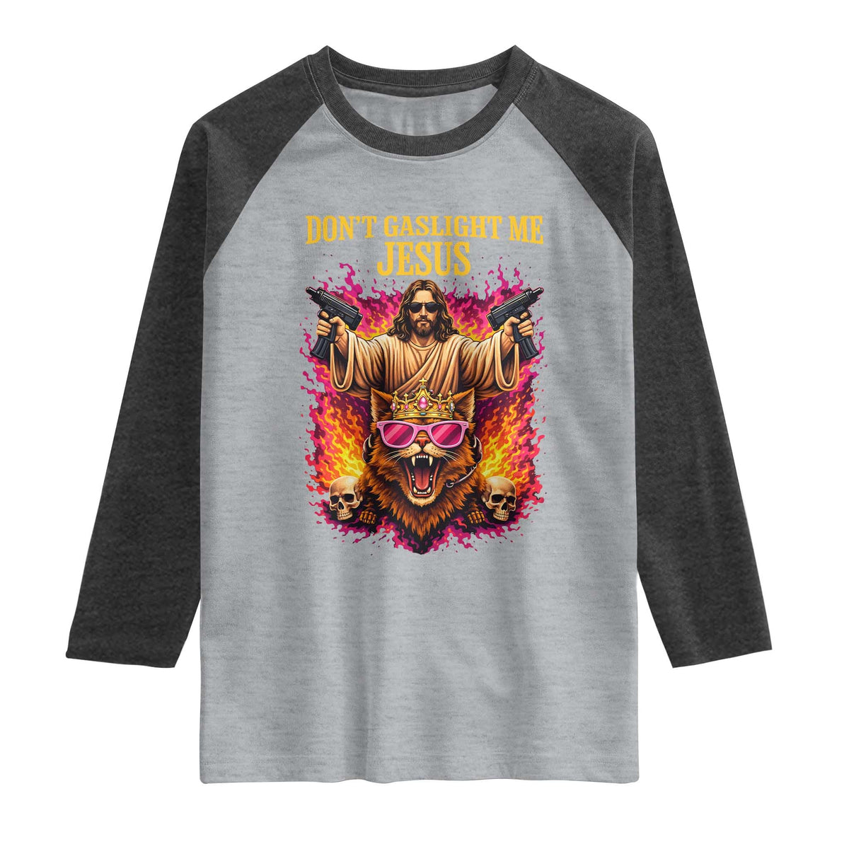 Dont Gaslight Me Jesus Raglan Shirt Princess Cat Princess Meme Faith Humor TS11 Heather Gray Heather Charcoal Print Your Wear