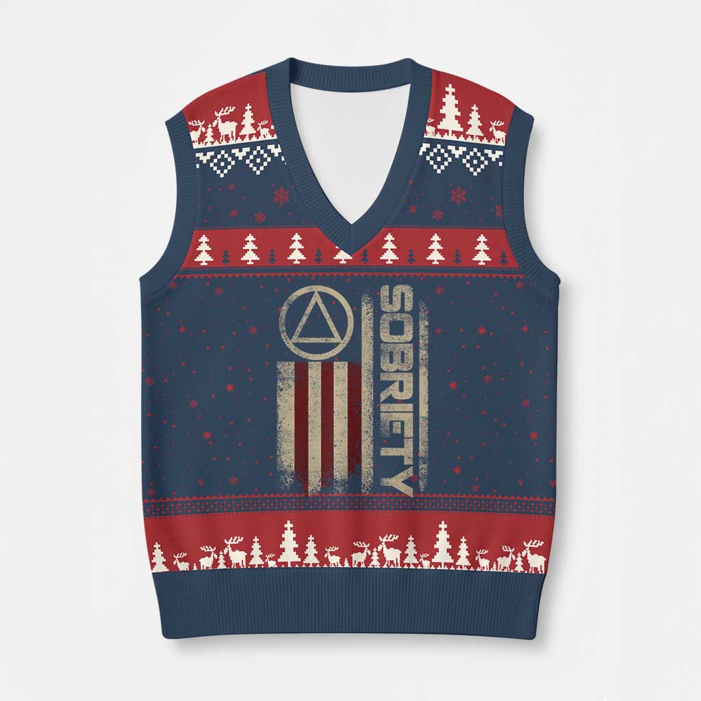 Sober AA NA Sobriety Anniversary V-Neck Knit Sweater Vest Alcoholism Addiction Recovery Vintage American Flag TS11 Navy Red Print Your Wear