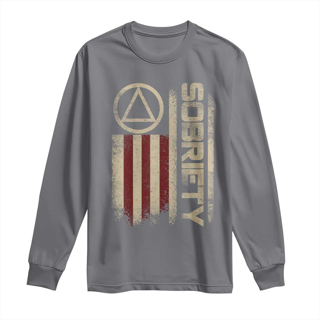Sober AA NA Sobriety Anniversary Long Sleeve Shirt Alcoholism Addiction Recovery Vintage American Flag TS11 Charcoal Print Your Wear