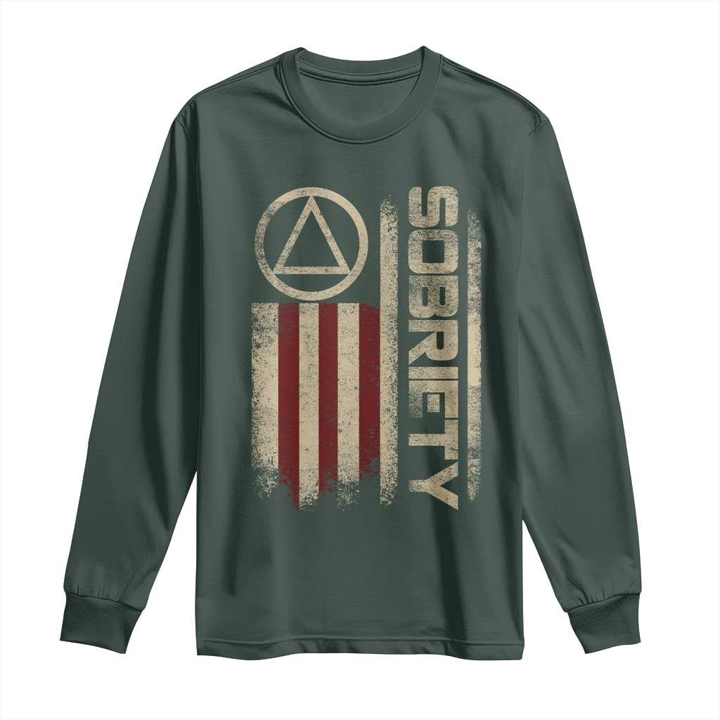 Sober AA NA Sobriety Anniversary Long Sleeve Shirt Alcoholism Addiction Recovery Vintage American Flag TS11 Dark Forest Green Print Your Wear