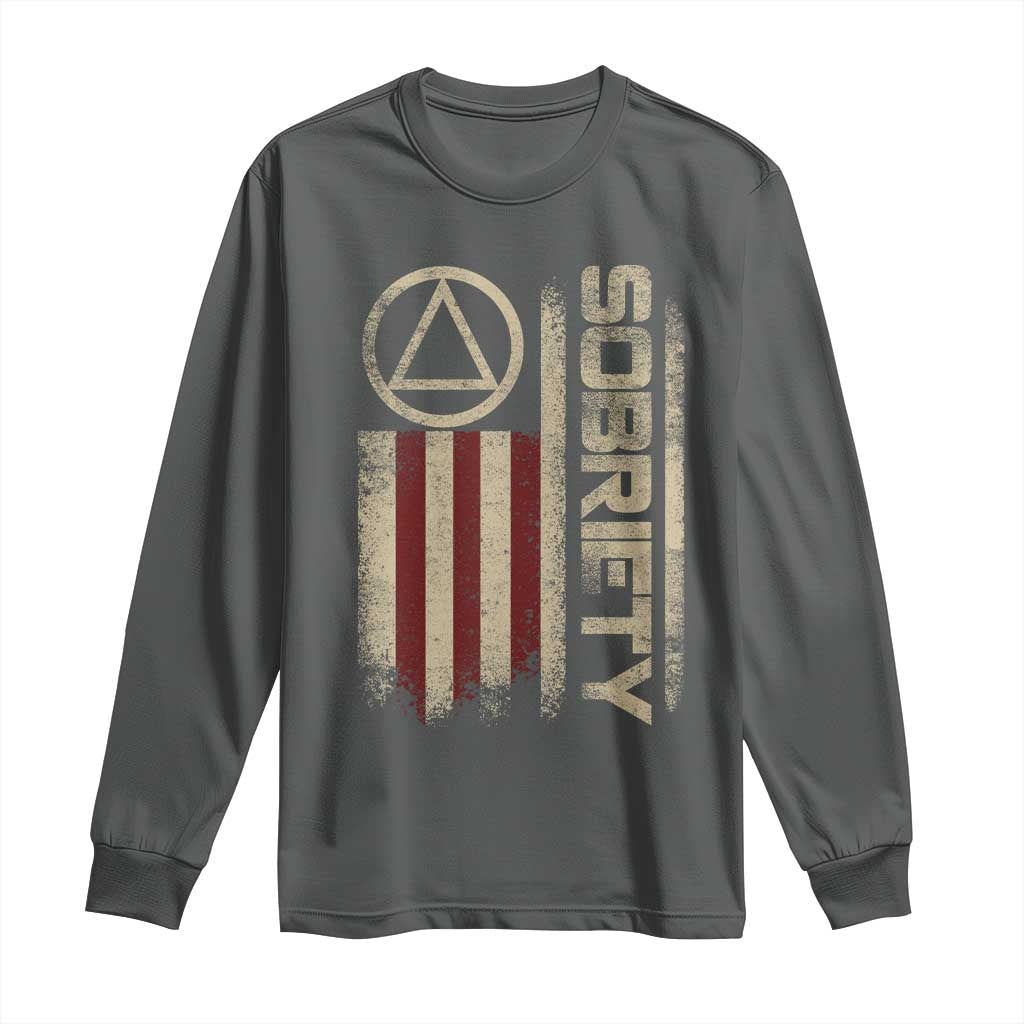 Sober AA NA Sobriety Anniversary Long Sleeve Shirt Alcoholism Addiction Recovery Vintage American Flag TS11 Dark Heather Print Your Wear