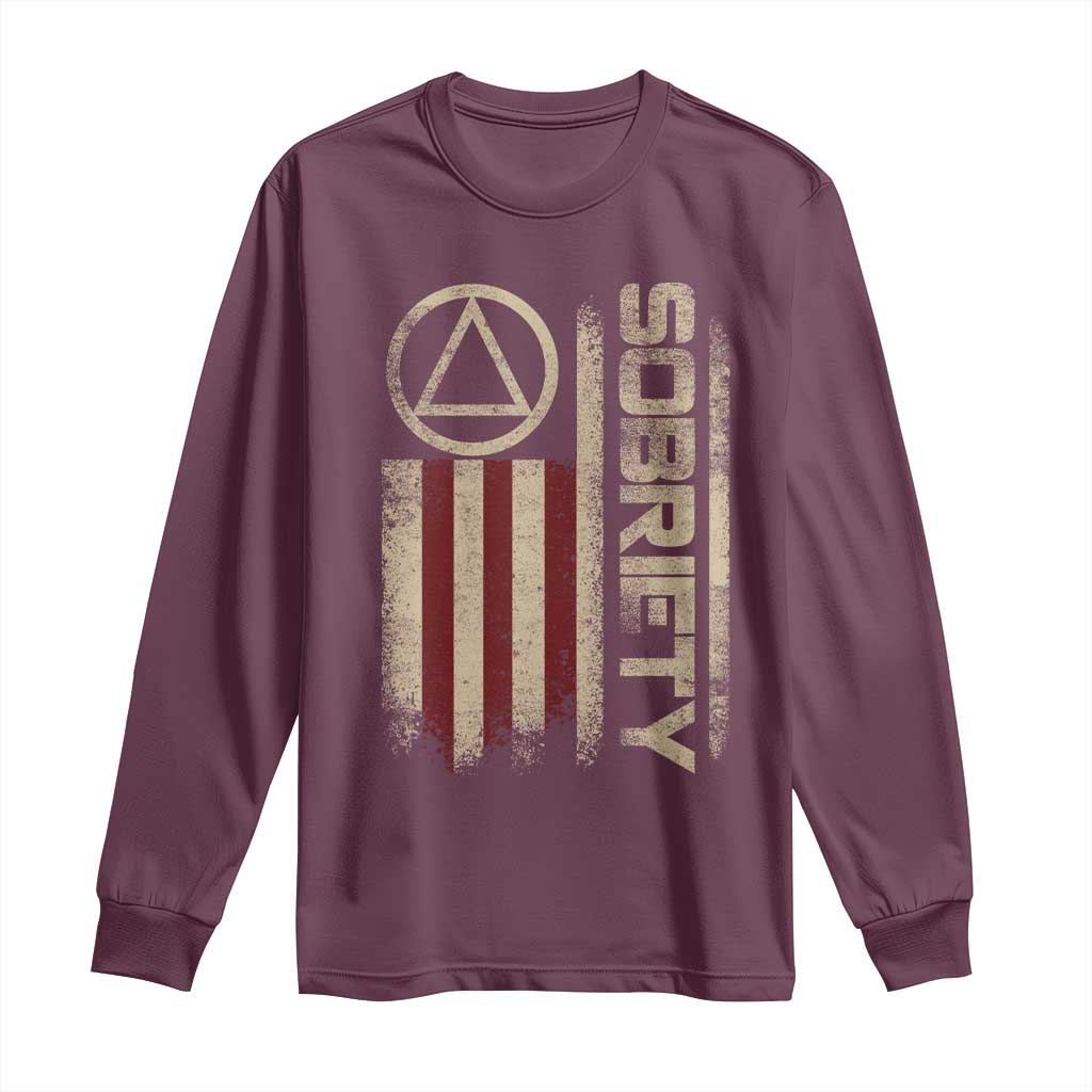 Sober AA NA Sobriety Anniversary Long Sleeve Shirt Alcoholism Addiction Recovery Vintage American Flag TS11 Maroon Print Your Wear