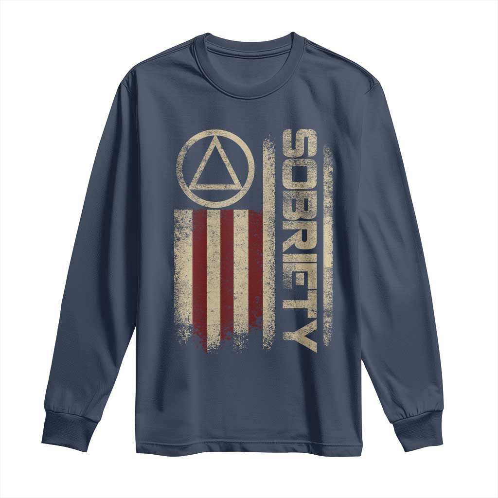 Sober AA NA Sobriety Anniversary Long Sleeve Shirt Alcoholism Addiction Recovery Vintage American Flag TS11 Navy Print Your Wear