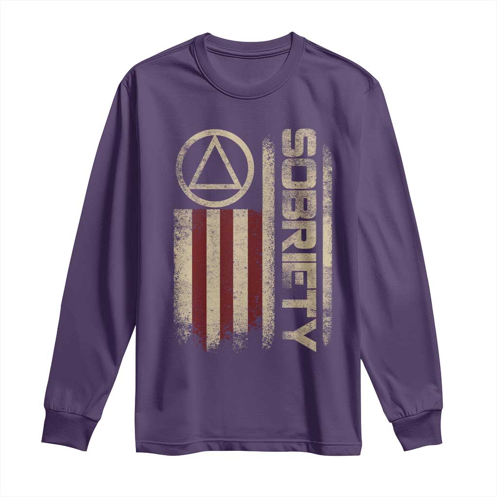Sober AA NA Sobriety Anniversary Long Sleeve Shirt Alcoholism Addiction Recovery Vintage American Flag TS11 Purple Print Your Wear