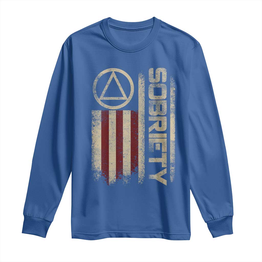 Sober AA NA Sobriety Anniversary Long Sleeve Shirt Alcoholism Addiction Recovery Vintage American Flag TS11 Royal Blue Print Your Wear