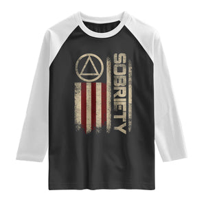 Sober AA NA Sobriety Anniversary Raglan Shirt Alcoholism Addiction Recovery Vintage American Flag TS11 Black White Print Your Wear