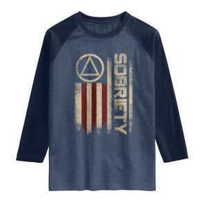 Sober AA NA Sobriety Anniversary Raglan Shirt Alcoholism Addiction Recovery Vintage American Flag TS11 Heather Denim Navy Print Your Wear