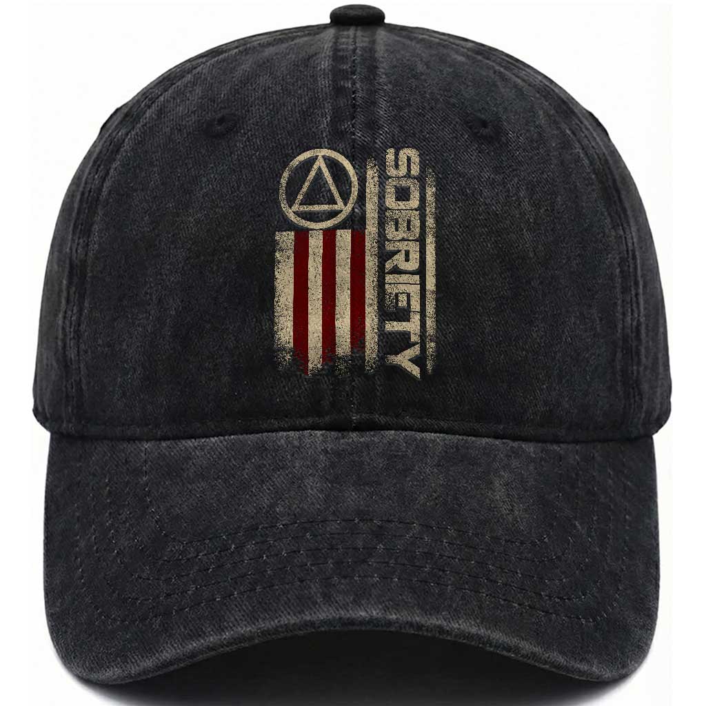 Sober AA NA Sobriety Anniversary Washed Cotton Baseball Cap Alcoholism Addiction Recovery Vintage American Flag TS11 Print Your Wear