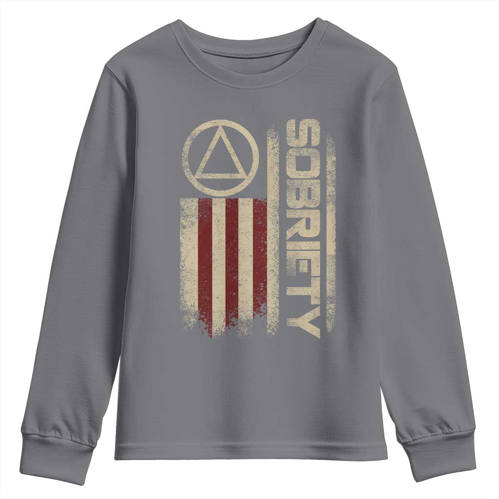 Sober AA NA Sobriety Anniversary Youth Sweatshirt Alcoholism Addiction Recovery Vintage American Flag TS11 Charcoal Print Your Wear