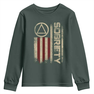 Sober AA NA Sobriety Anniversary Youth Sweatshirt Alcoholism Addiction Recovery Vintage American Flag TS11 Dark Forest Green Print Your Wear