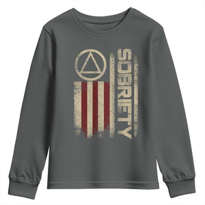 Sober AA NA Sobriety Anniversary Youth Sweatshirt Alcoholism Addiction Recovery Vintage American Flag TS11 Dark Heather Print Your Wear