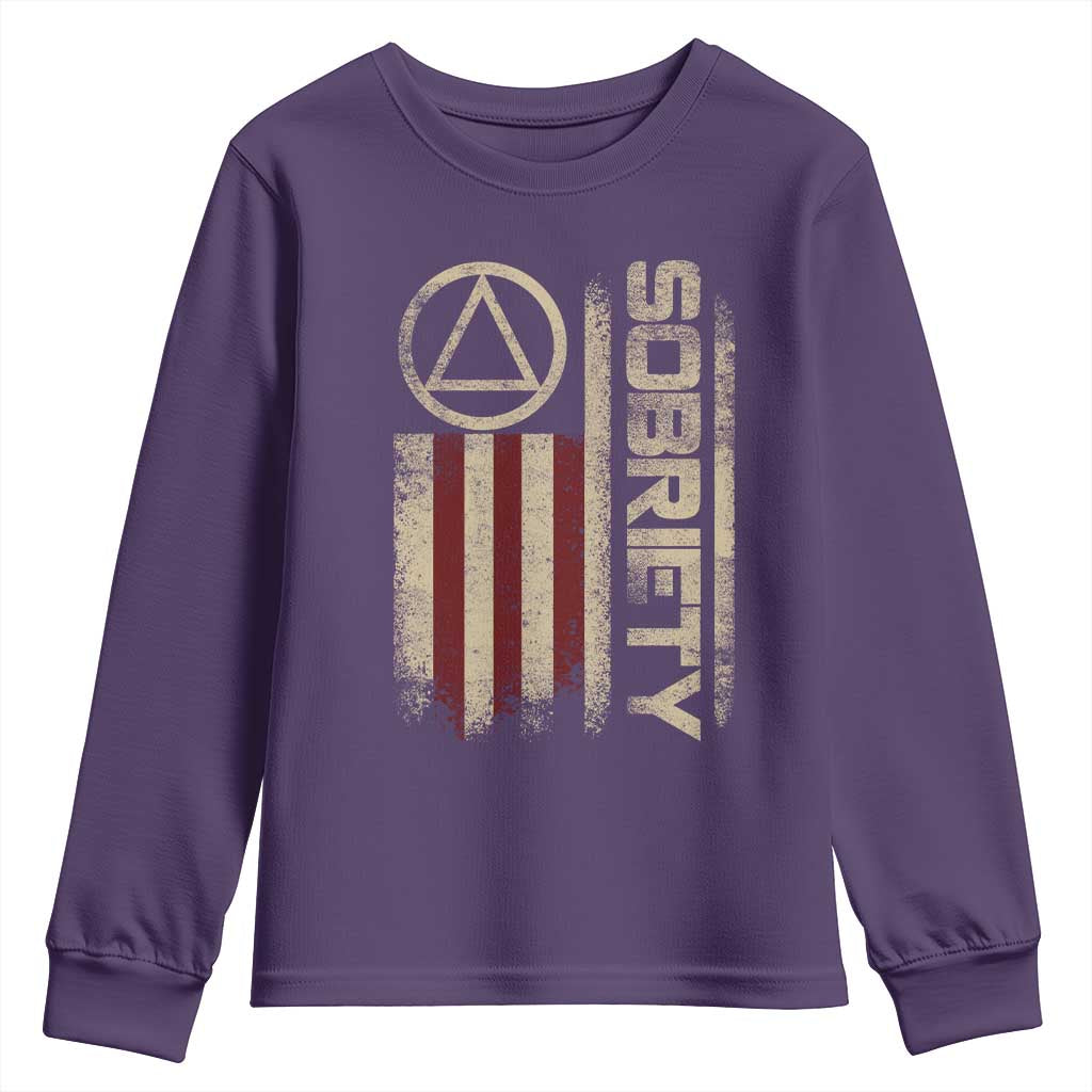 Sober AA NA Sobriety Anniversary Youth Sweatshirt Alcoholism Addiction Recovery Vintage American Flag TS11 Purple Print Your Wear