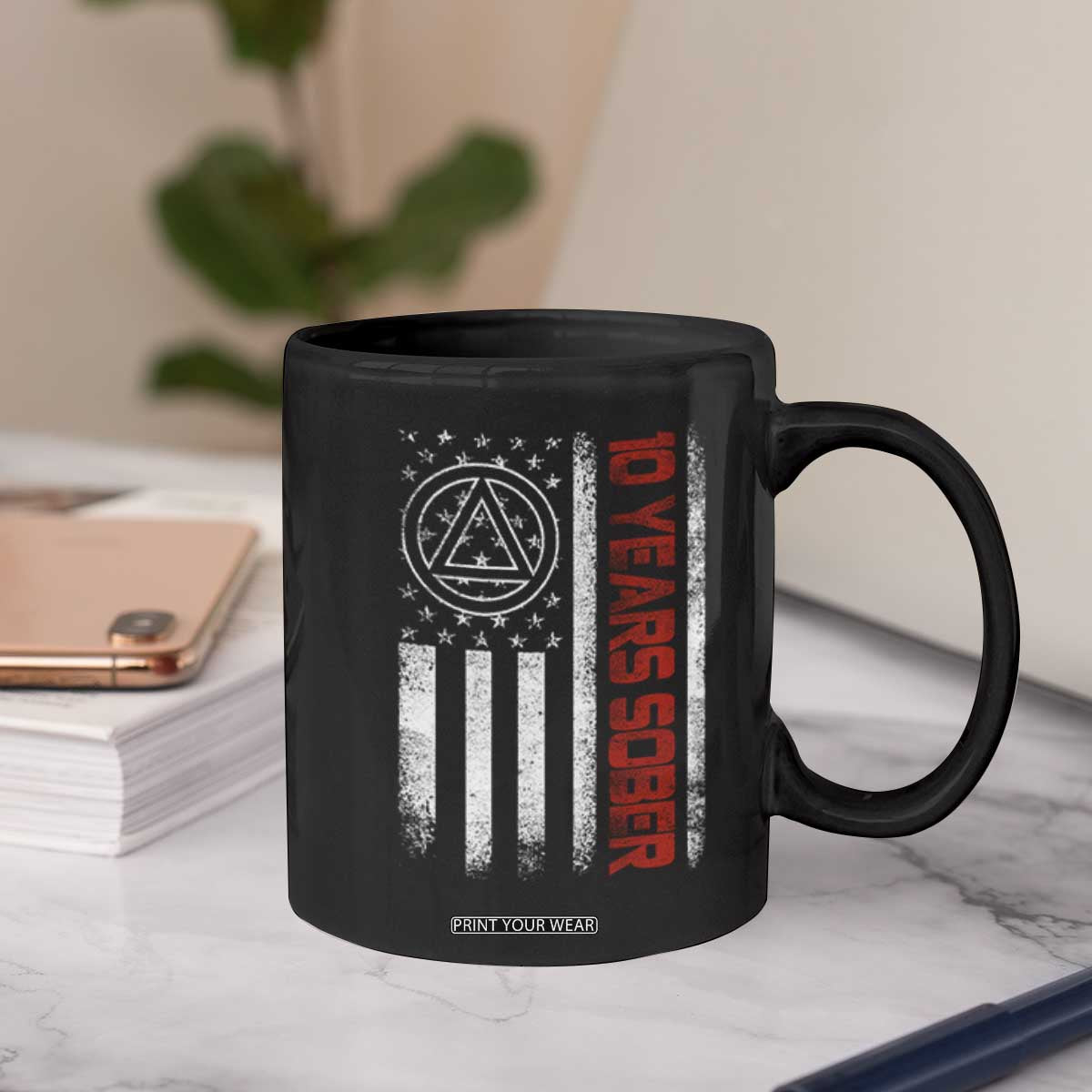 10 Years Sober Coffee Mug 10 Years Sobriety Anniversary Vintage American Flag TS11 Print Your Wear