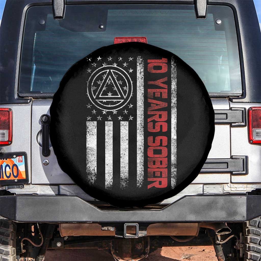 10 Years Sober Spare Tire Cover 10 Years Sobriety Anniversary Vintage American Flag TS11 No hole Black Print Your Wear